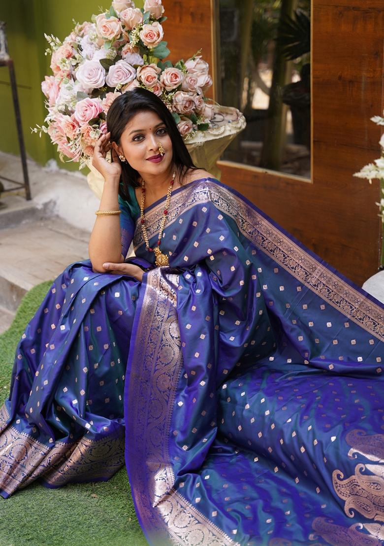 Blue Woven Design Silk Saree Set - Indya