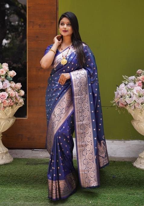 Blue Woven Design Silk Saree Set