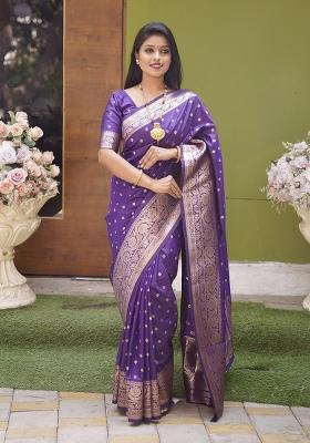 Violet Woven Design Silk Saree Set