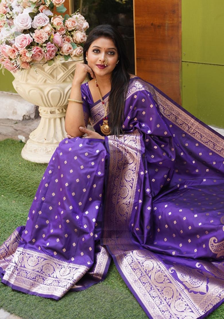 Violet Woven Design Silk Saree Set - Indya