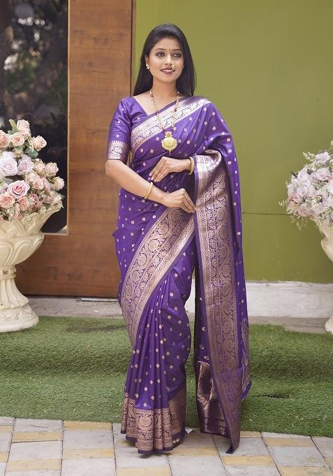 Violet Woven Design Silk Saree Set