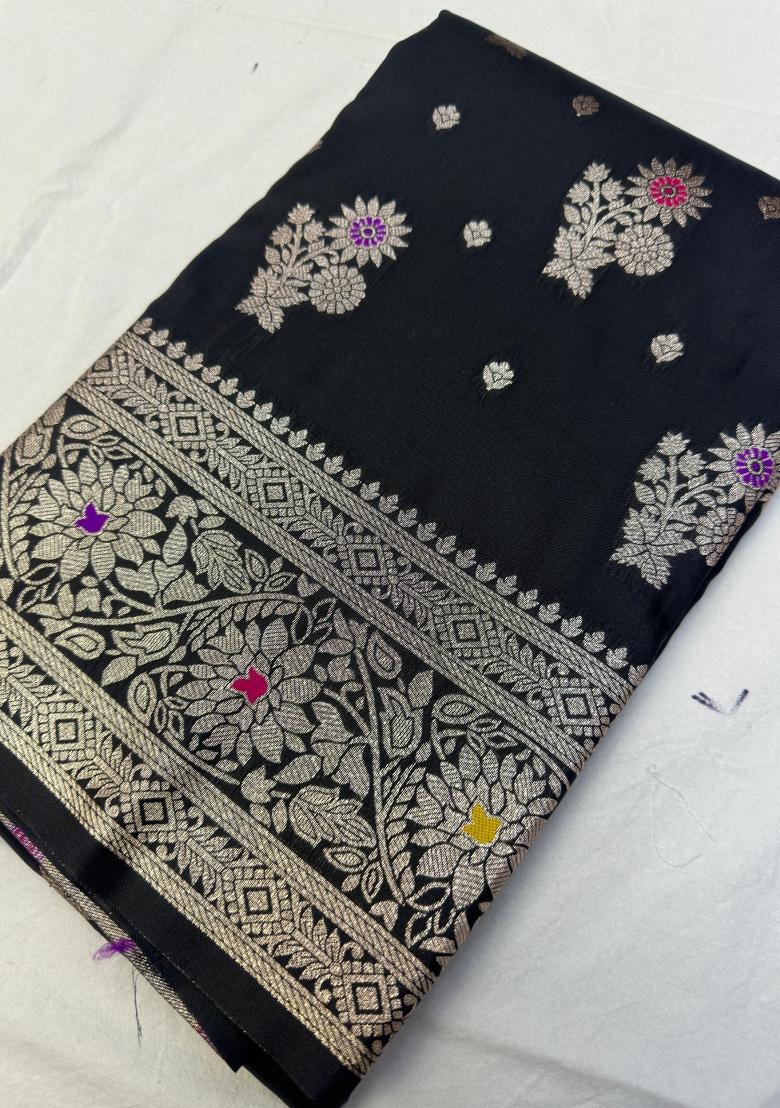 Black Woven Design Banarasi Saree Set - Indya