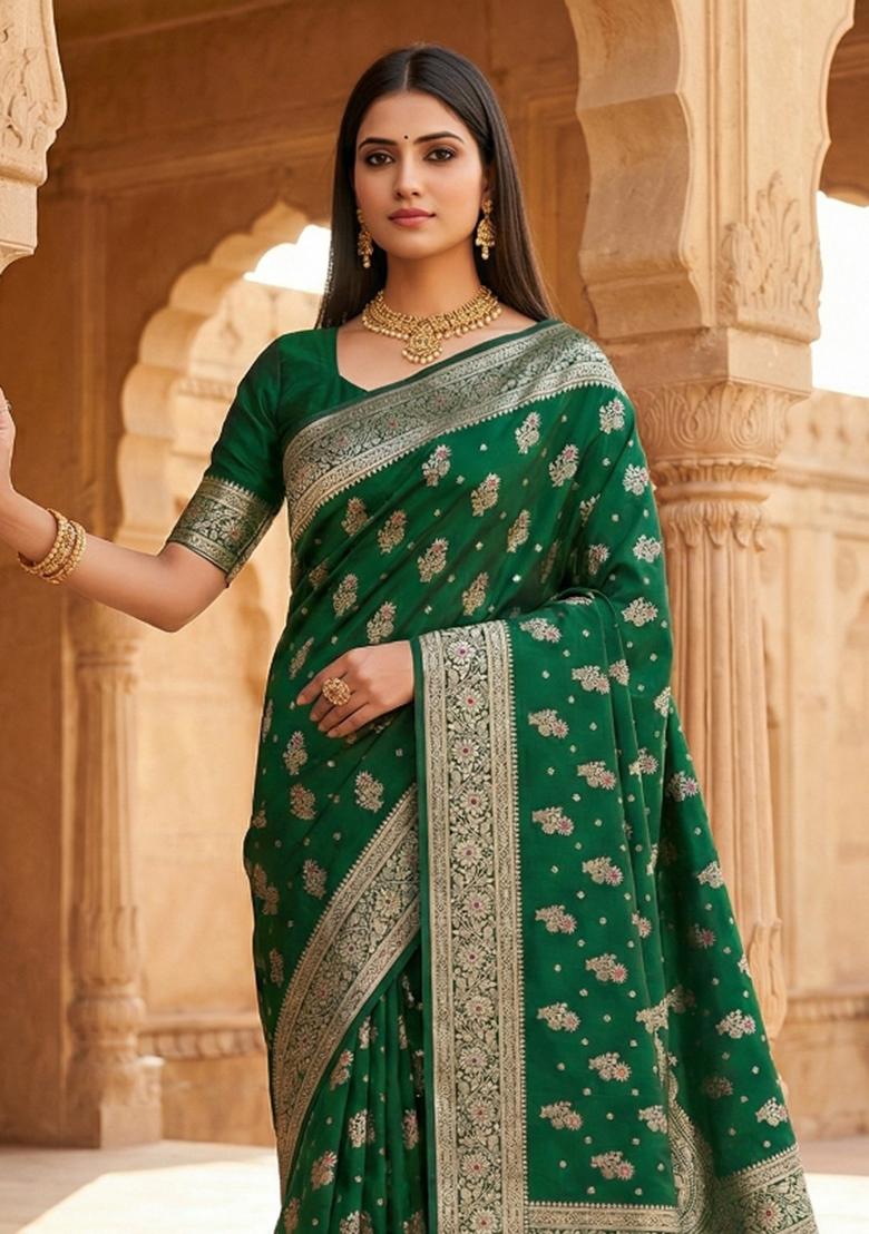 Green Woven Design Banarasi Saree Set - Indya