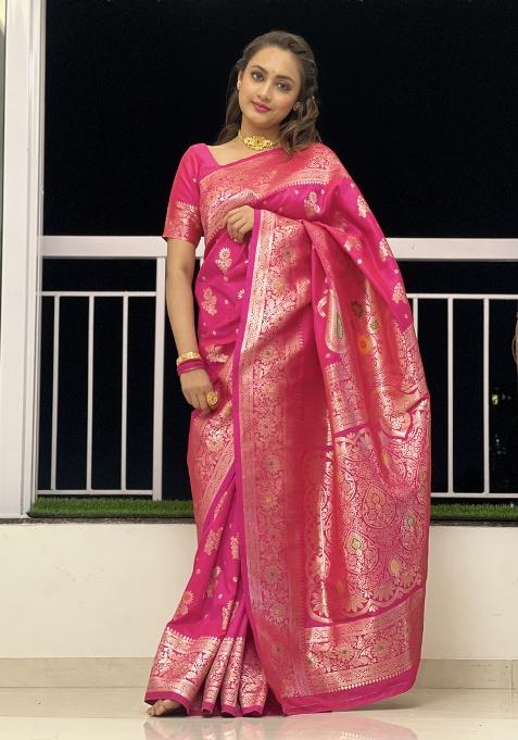 Pink Woven Design Banarasi Saree Set
