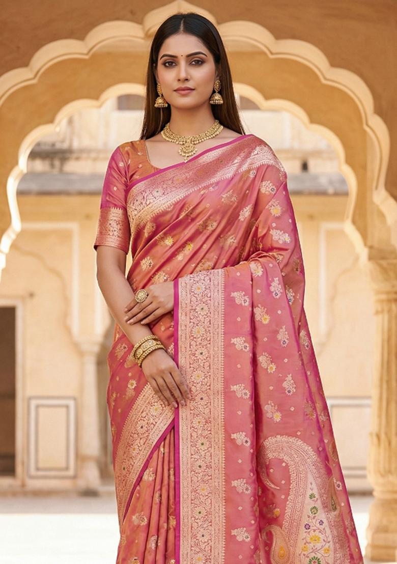 Onion Pink Woven Design Banarasi Saree Set - Indya