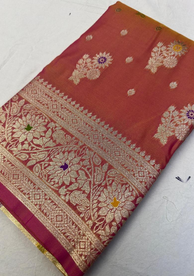 Onion Pink Woven Design Banarasi Saree Set - Indya