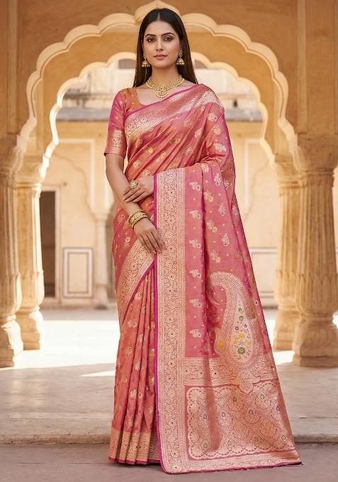 Onion Pink Woven Design Banarasi Saree Set