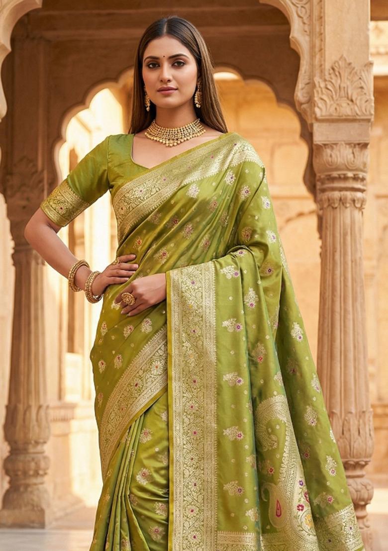 Green Woven Design Banarasi Saree Set - Indya