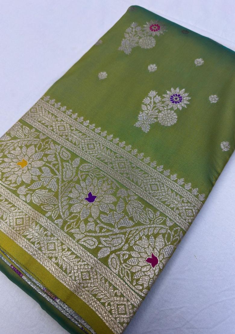 Green Woven Design Banarasi Saree Set - Indya