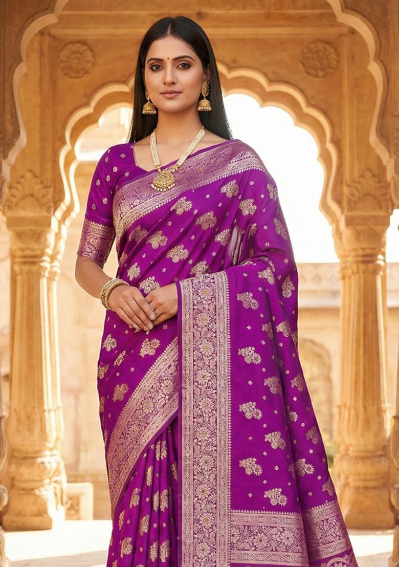 Wine Woven Design Banarasi Saree Set - Indya