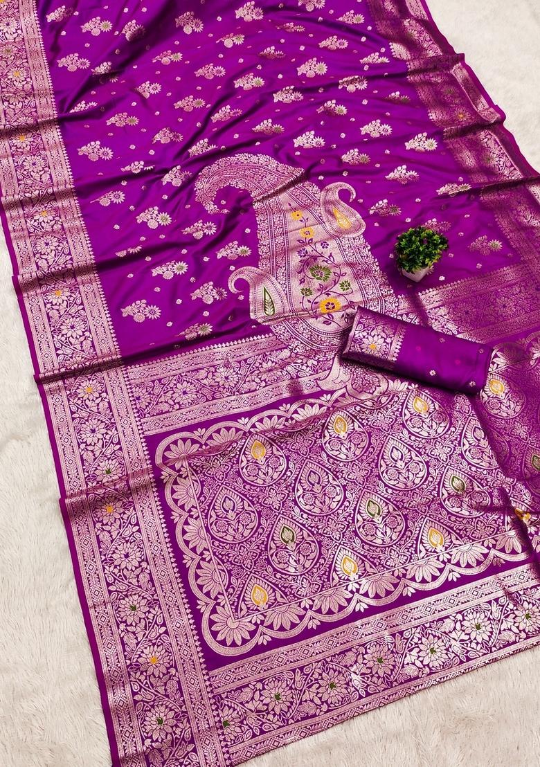 Wine Woven Design Banarasi Saree Set - Indya