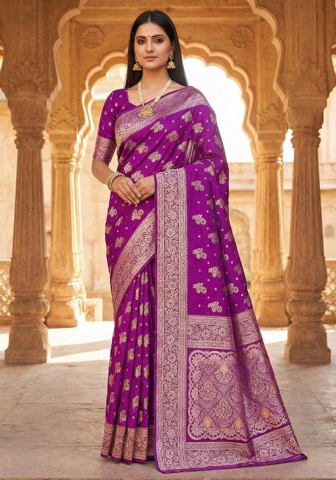 Wine Woven Design Banarasi Saree Set