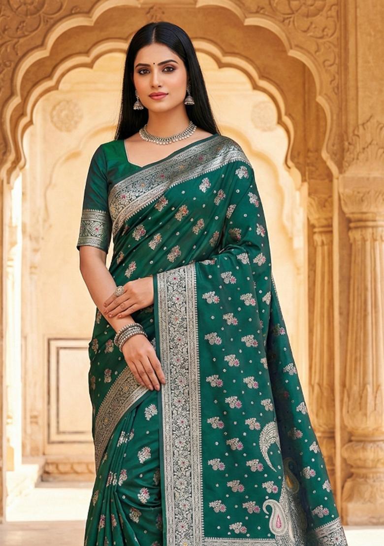 Sea Green Woven Design Banarasi Saree Set - Indya