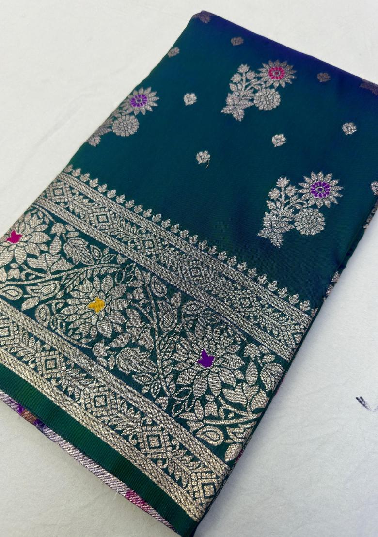 Sea Green Woven Design Banarasi Saree Set - Indya