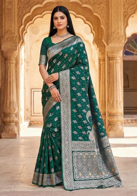 Sea Green Woven Design Banarasi Saree Set