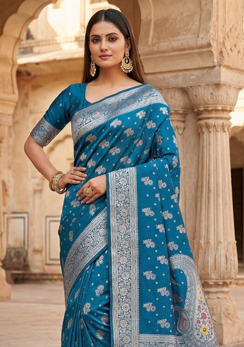 Teal Woven Design Banarasi Saree Set - Indya