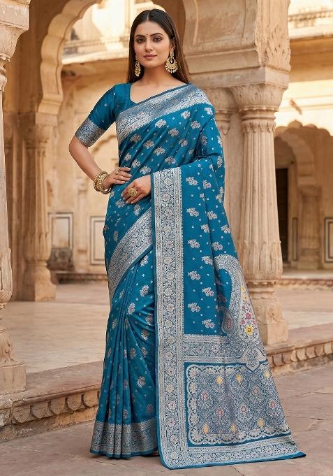 Teal Woven Design Banarasi Saree Set