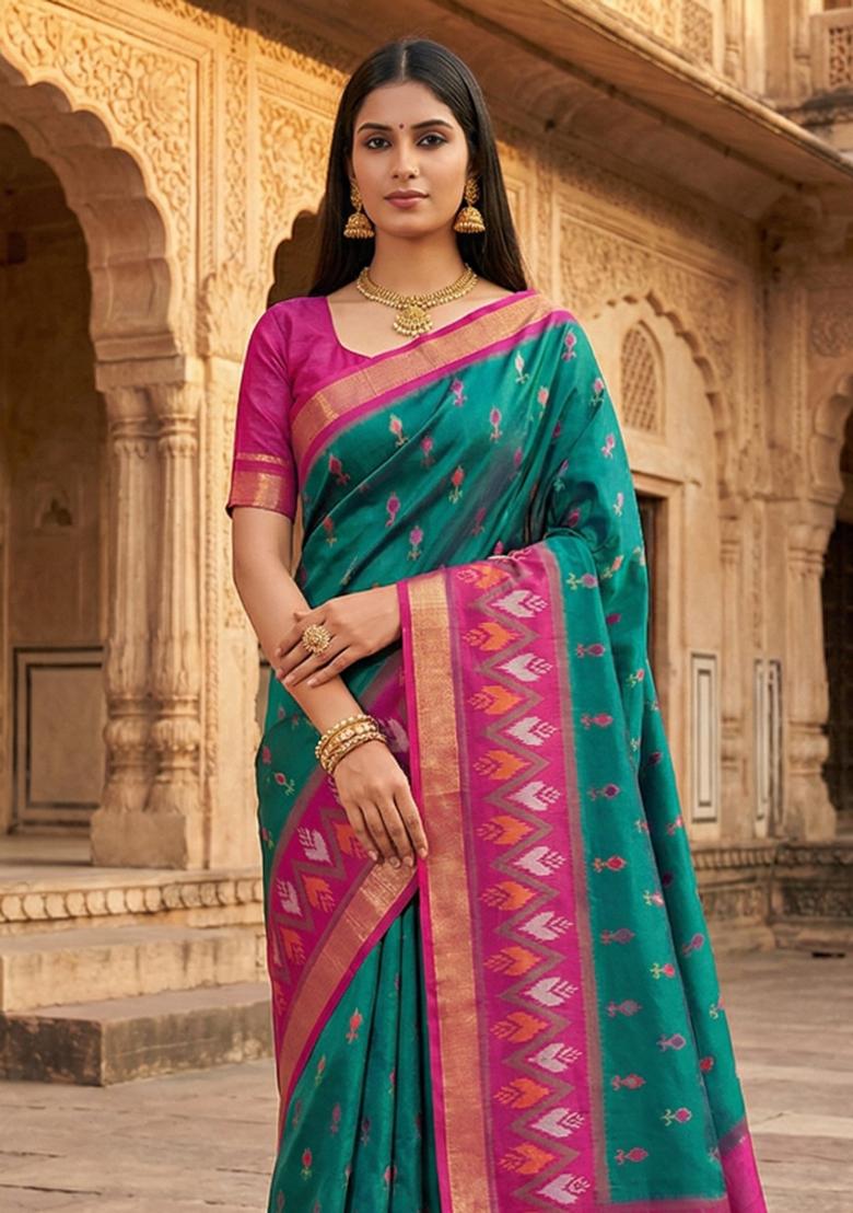 Sea Green Woven Design Silk Saree Set - Indya