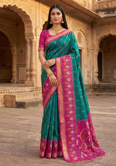 Sea Green Woven Design Silk Saree Set