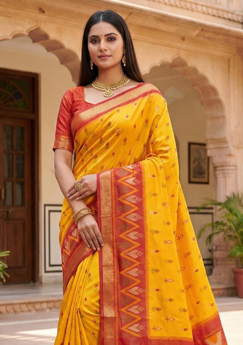 Yellow Woven Design Silk Saree Set - Indya