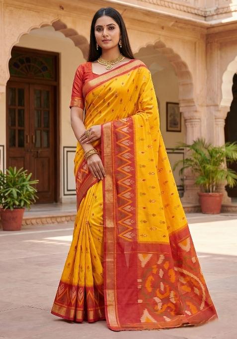 Yellow Woven Design Silk Saree Set