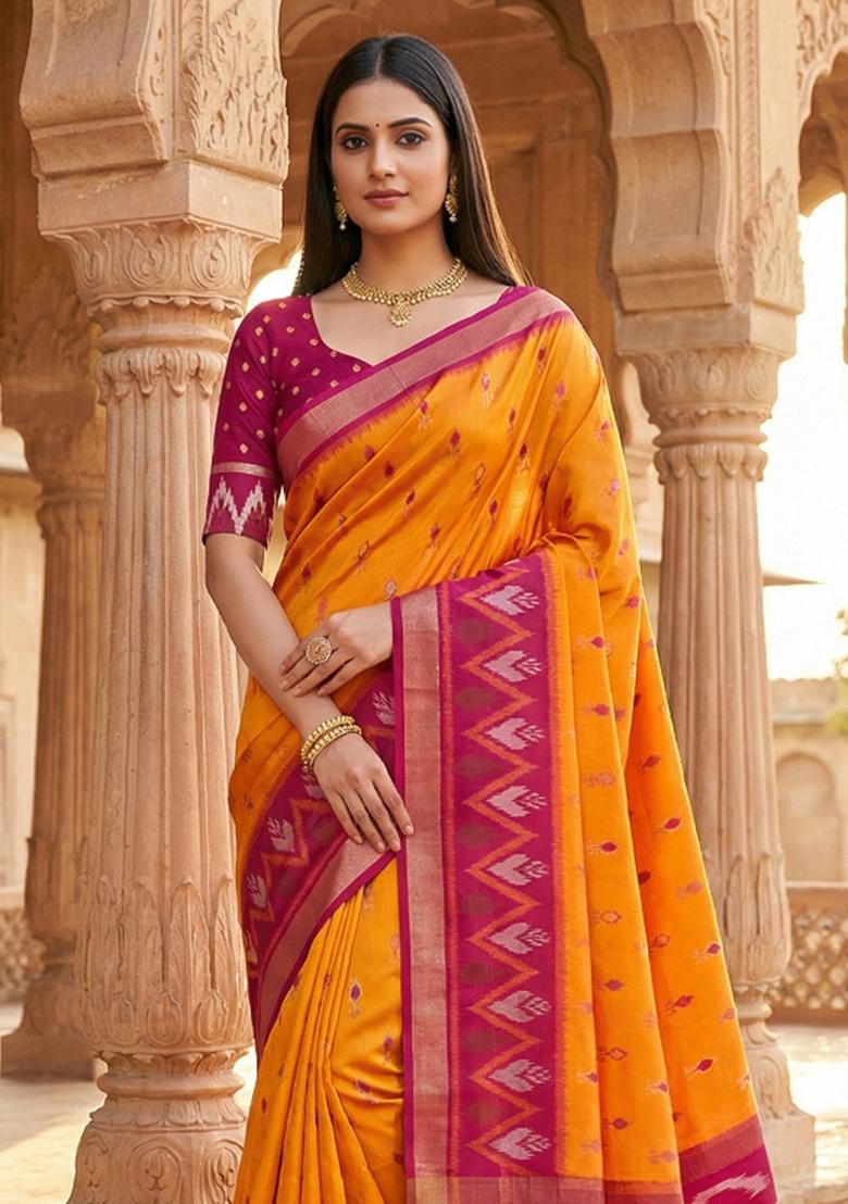 Orange Woven Design Silk Saree Set - Indya