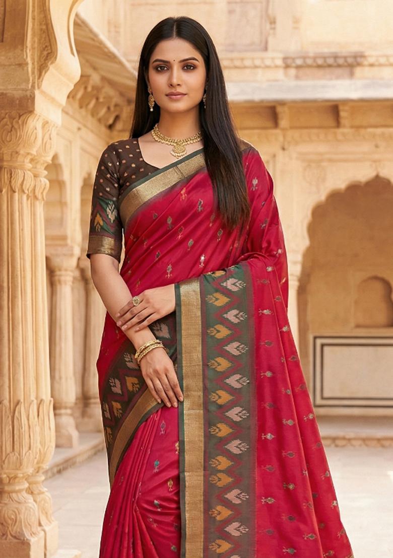 Pink Woven Design Silk Saree Set - Indya