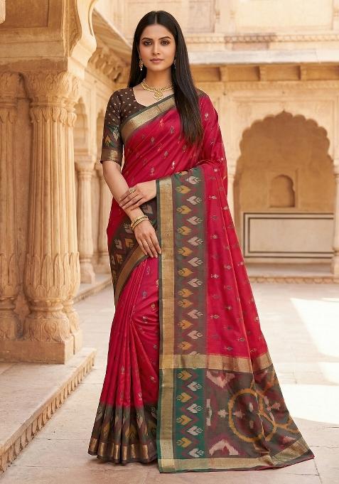 Pink Woven Design Silk Saree Set