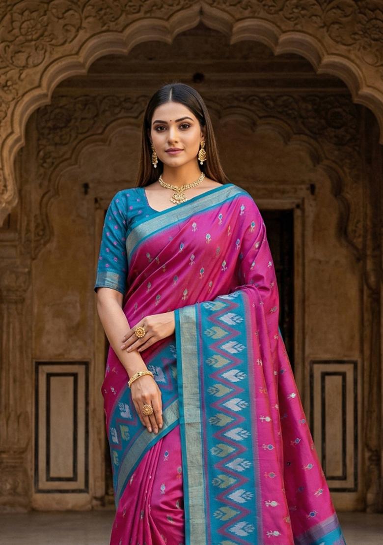 Wine Woven Design Silk Saree Set - Indya