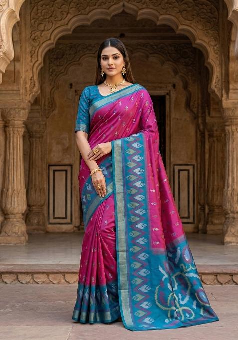 Wine Woven Design Silk Saree Set