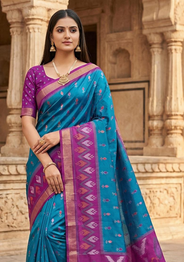 Teal Woven Design Silk Saree Set - Indya