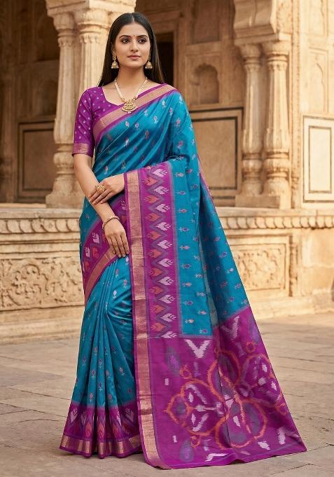 Teal Woven Design Silk Saree Set