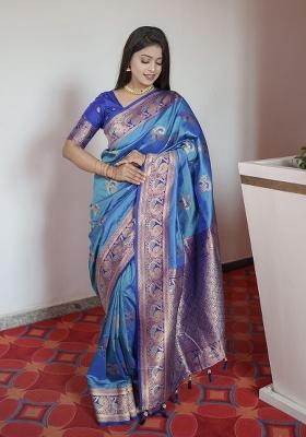 Blue Woven Design Banarasi Saree Set