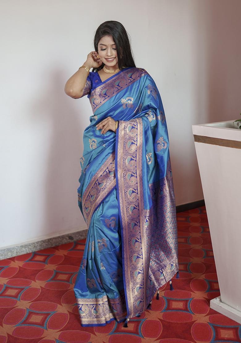 Blue Woven Design Banarasi Saree Set - Indya
