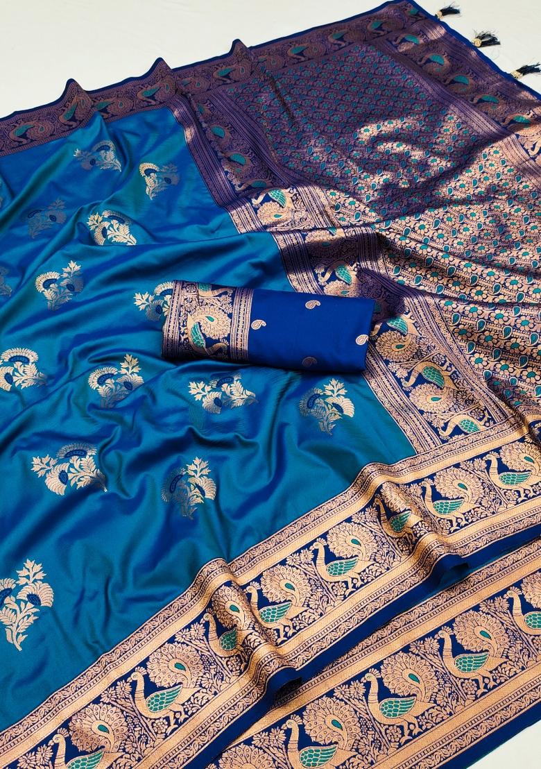 Blue Woven Design Banarasi Saree Set - Indya