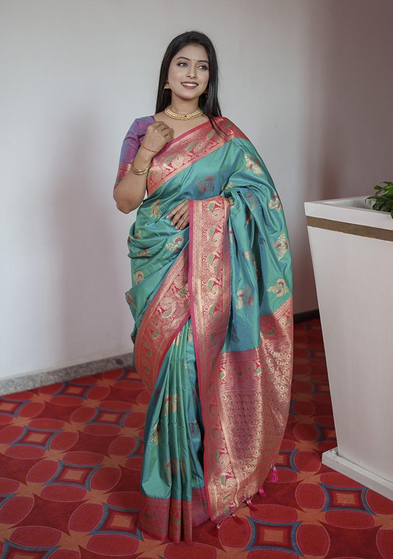 Sea Green Woven Design Banarasi Saree Set - Indya