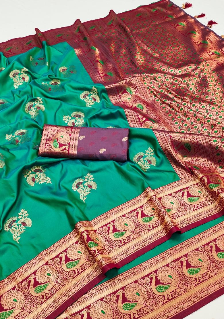 Sea Green Woven Design Banarasi Saree Set - Indya