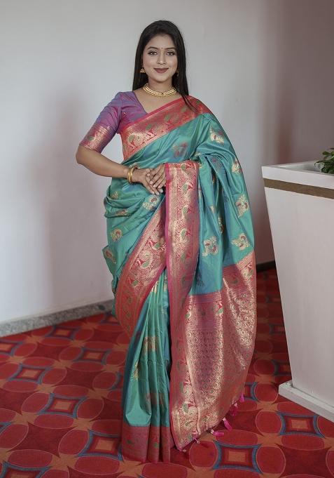 Sea Green Woven Design Banarasi Saree Set