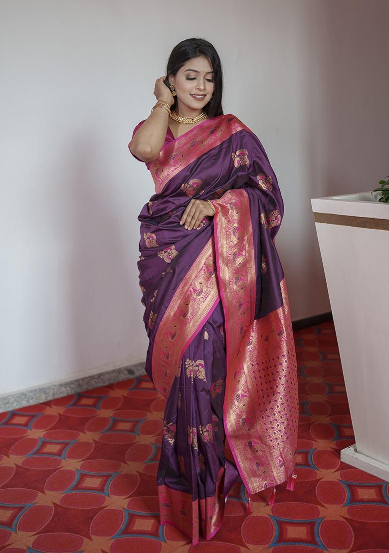 Wine Woven Design Banarasi Saree Set - Indya