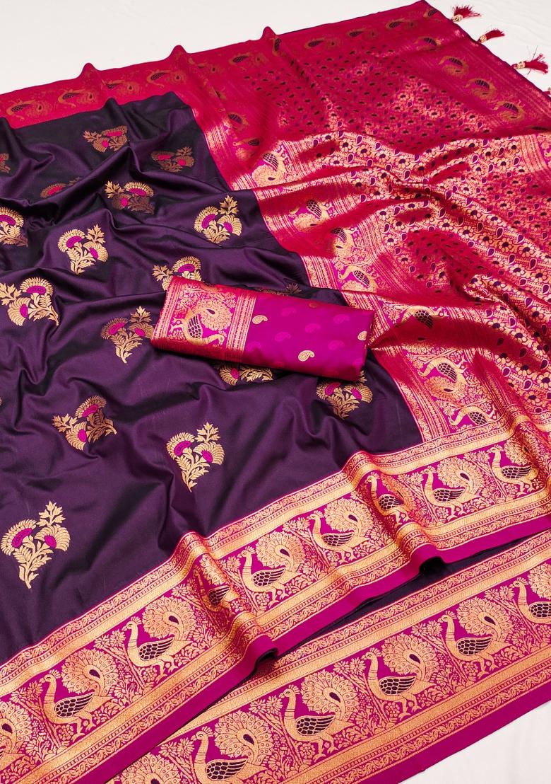 Wine Woven Design Banarasi Saree Set - Indya