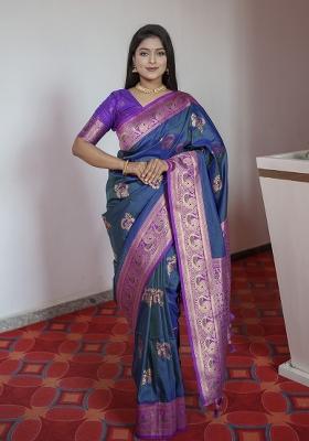 Blue Woven Design Banarasi Saree Set