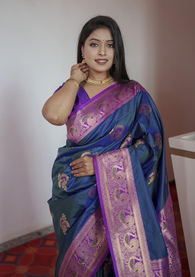 Blue Woven Design Banarasi Saree Set - Indya