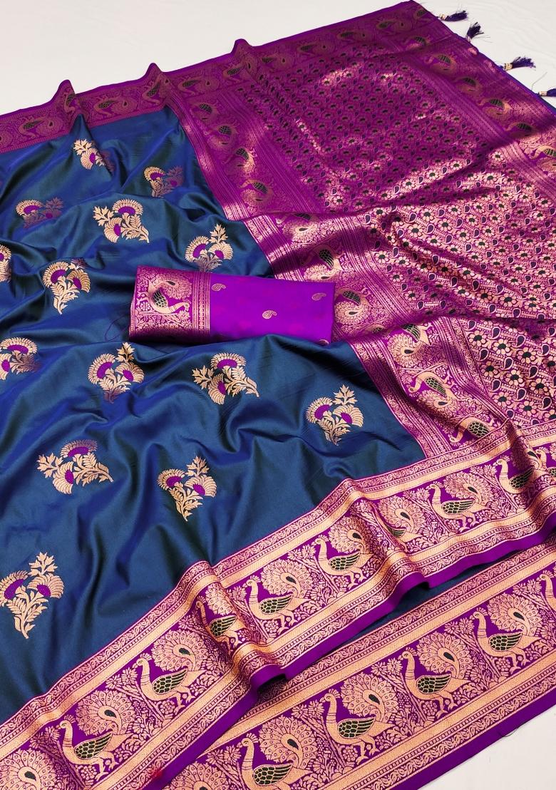 Blue Woven Design Banarasi Saree Set - Indya
