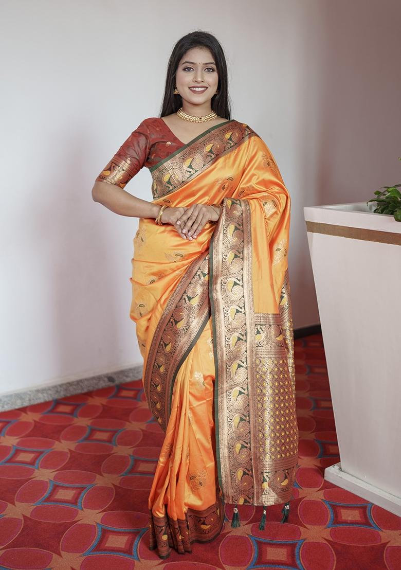 Yellow Woven Design Banarasi Saree Set - Indya