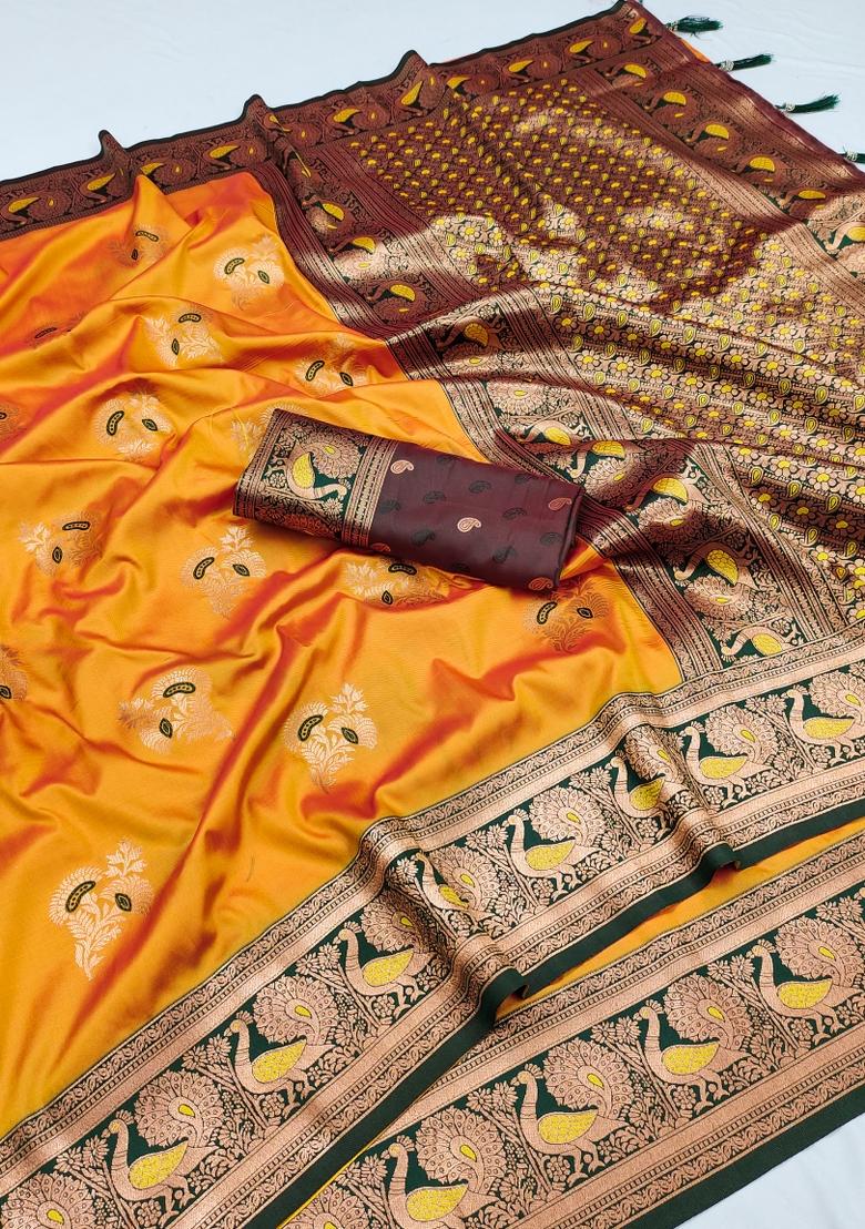 Yellow Woven Design Banarasi Saree Set - Indya