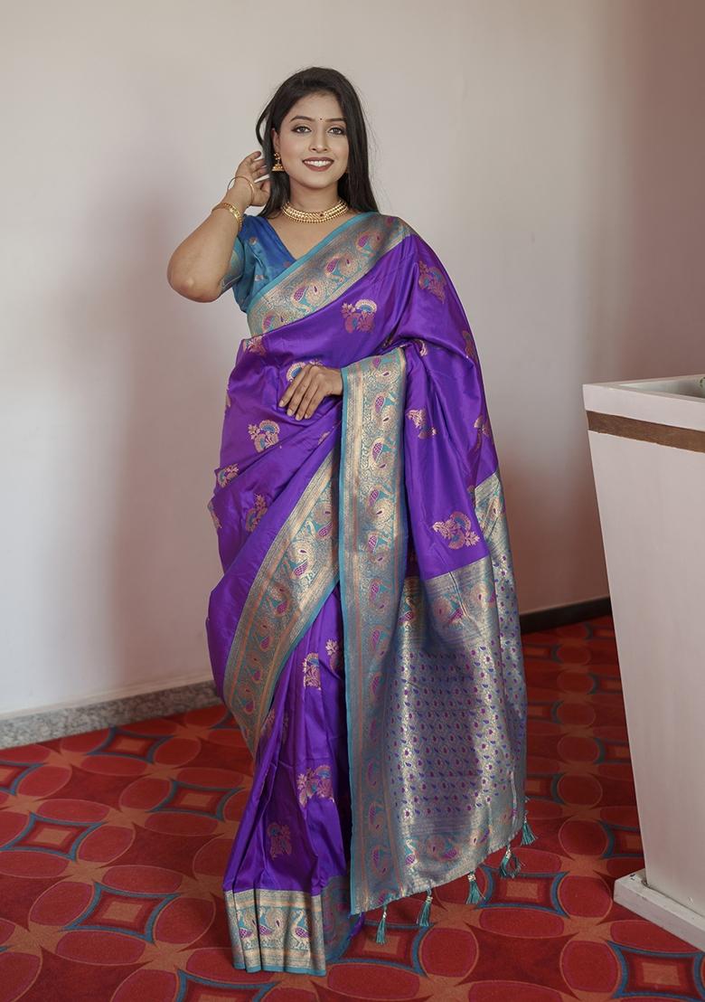 Purple Woven Design Banarasi Saree Set - Indya