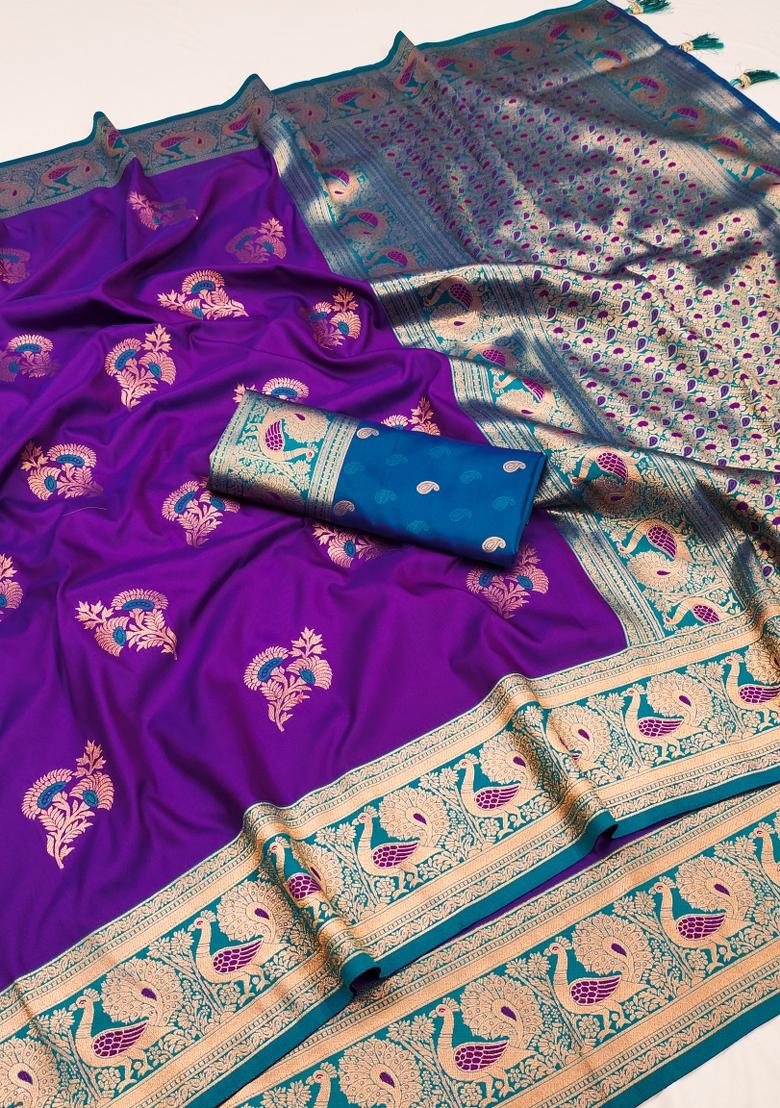 Purple Woven Design Banarasi Saree Set - Indya