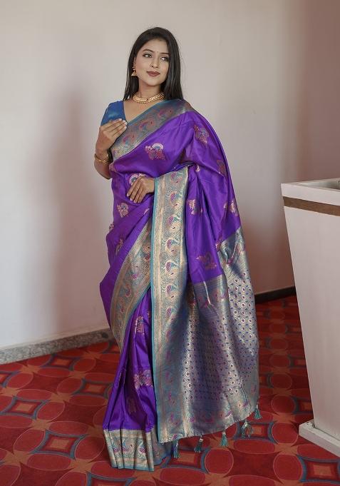 Purple Woven Design Banarasi Saree Set