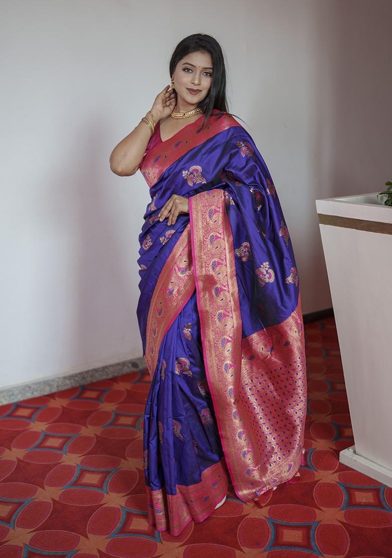 Violet Woven Design Banarasi Saree Set - Indya