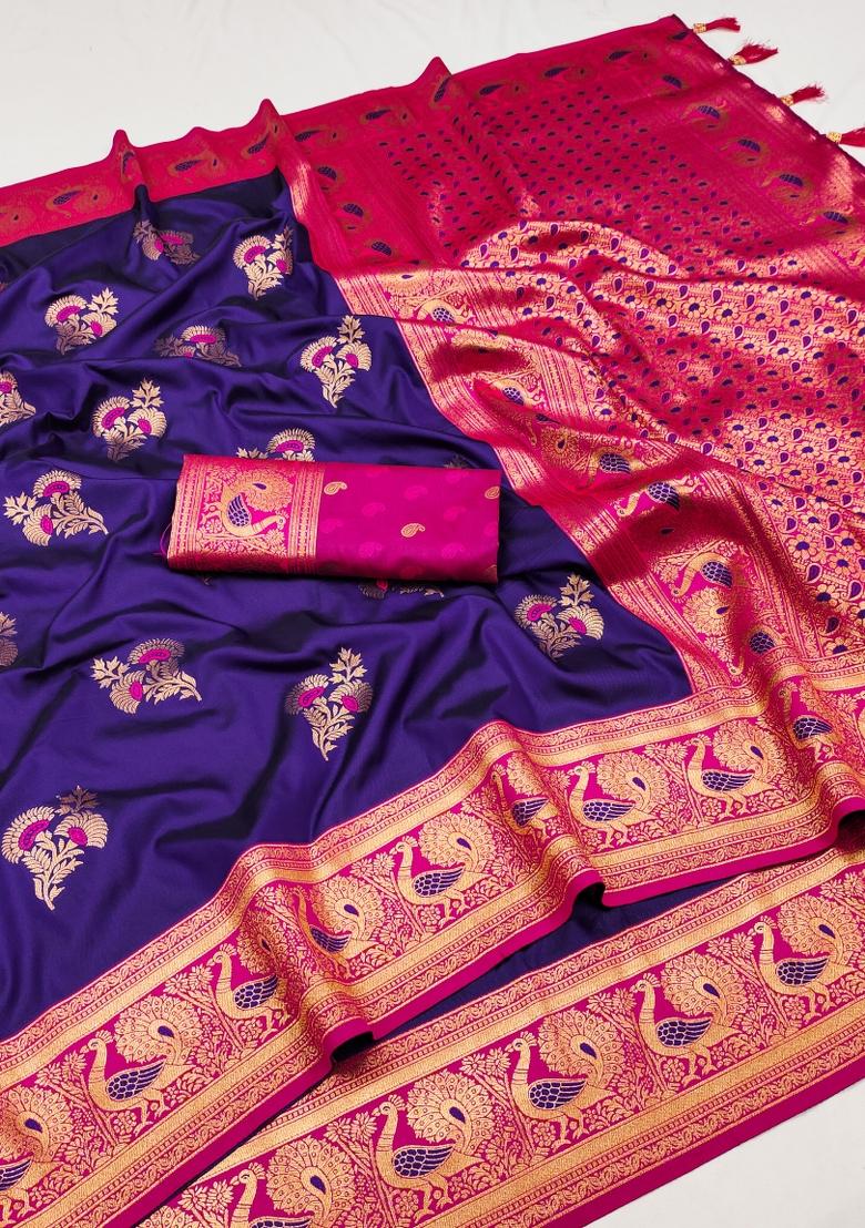 Violet Woven Design Banarasi Saree Set - Indya
